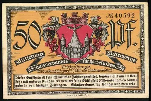 Notgeld Wittenberge, 50 Pf, Gutschein des Schutzverbandes für Handel und Gewerbe, Elbbrücke, Stadtwappen