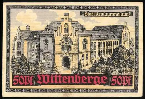 Notgeld Wittenberge, 50 Pf, Stadt Realgymnasium und Stadtwappen, Gutschein des Schutzverbandes für Handel und Gewerbe