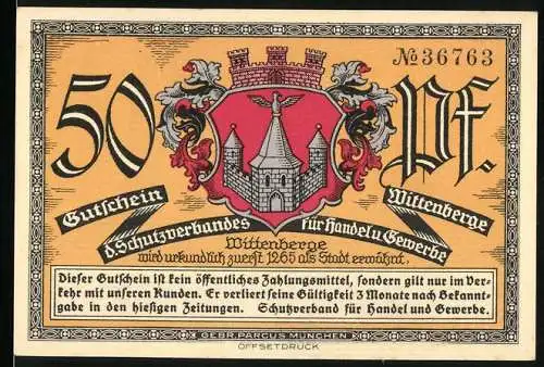 Notgeld Wittenberge, 50 Pf, Gutschein des Schutzverbandes für Handel und Gewerbe, Lyceum Gebäude