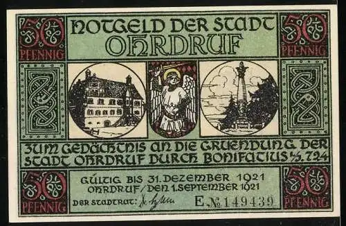 Notgeld Ohrdruf, 1921, 50 Pfennig, Gedenkschein zur Stadtgründung durch Bonifatius 724