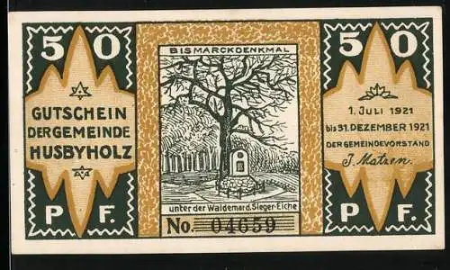 Notgeld Husbyholz, 1921, 50 Pf, Bismarckdenkmal und Gasthaus mit Marschierenden