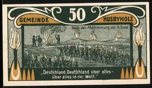 Notgeld Husbyholz, 1921, 50 Pfennig, Gemeindehaus und Szene nach der Abstimmung der 2. Zone