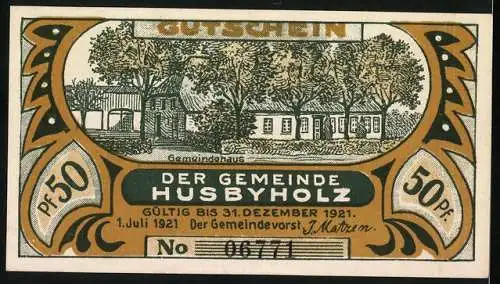 Notgeld Husbyholz, 1921, 50 Pfennig, Gemeindehaus und Szene nach der Abstimmung der 2. Zone