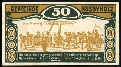 Notgeld Husbyholz, 1921, 50 Pfennig, Ausverkauf-Szene und Dorfansicht