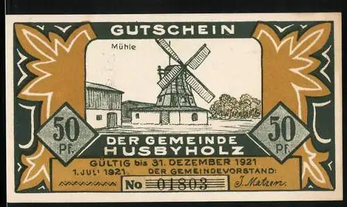 Notgeld Husbyholz 1921, 50 Pfennig, Mühle und Abstimmung der 2. Zone März 1920