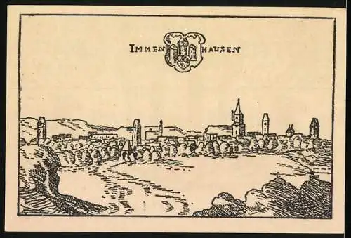 Notgeld Hofgeismar 1921, 1 Mark, Wappen der Stadt mit Stadtansicht im Hintergrund