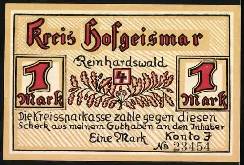 Notgeld Hofgeismar, 1 Mark, Hirsch im Wald vor Bäumen, Rückseite mit floralen Verzierungen und Text