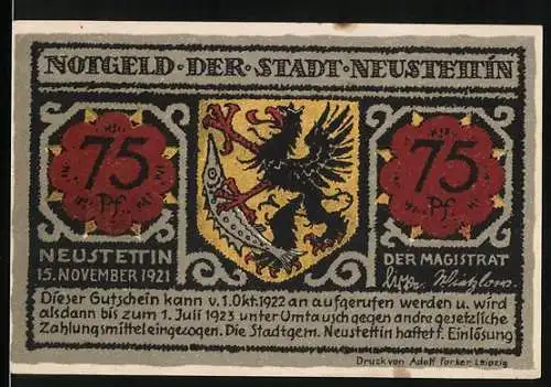 Notgeld Neustettin 1921, 75 Pf, Stadtwappen und Parlow am See