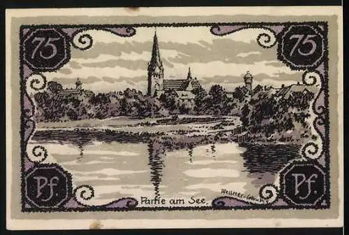 Notgeld Neustettin 1921, 75 Pf, Stadtwappen und Parlow am See