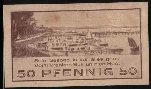 Notgeld Niendorf, 1921, 50 Pfennig, So`n Seebad is vor alles good, Vor`n kranken Buk un nien Hoot