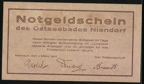 Notgeld Niendorf, 1921, 50 Pfennig, So`n Seebad is vor alles good, Vor`n kranken Buk un nien Hoot