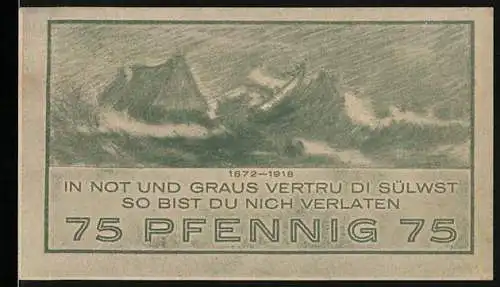 Notgeld Niendorf, 1921, 75 Pfennig, Ostseebad, Berglandschaft und Spruch In Not und Graus Vertru Di Sülwst