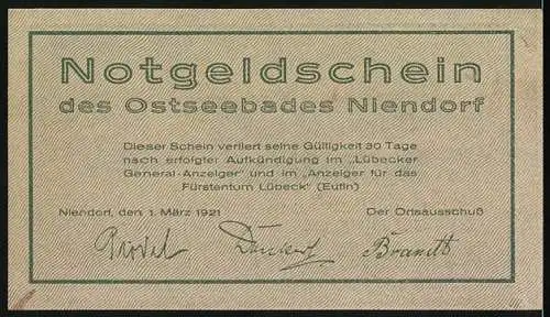 Notgeld Niendorf, 1921, 75 Pfennig, Ostseebad, Berglandschaft und Spruch In Not und Graus Vertru Di Sülwst