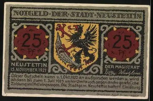 Notgeld Neustettin 1921, 25 Pf, Bismarckwarte und Stadtwappen mit Adler