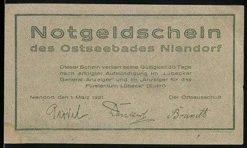 Notgeld Niendorf, 1921, 75 Pfennig, des Ostseebades Niendorf mit Landschaftsmotiv und Inschrift