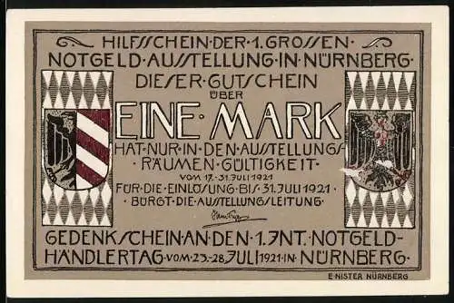 Notgeld Nürnberg 1921, 1 Mark, Hilfsschein der 1. grossen Notgeld-Ausstellung in Nürnberg vom 17.-31. Juli 1921