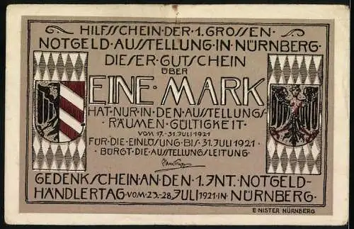 Notgeld Nürnberg 1921, 1 Mark, Gedenkschein der ersten grossen Notgeldausstellung in Nürnberg, beidseitig bedruckt