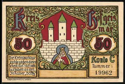 Notgeld Hofgeismar, 50 Pfennig, Darstellung einer Burg und einer Frau auf der Vorderseite, Trendelburg