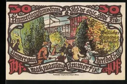 Notgeld Gross Flottbek 1921, 30 Pfennig, bunte Darstellung eines Bahnhofs und einer ländlichen Szene mit Pferdewagen