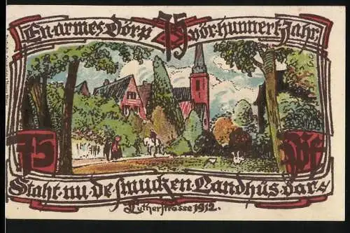 Notgeld Gross-Flottbek 1921, 75 Pfennig, Farbige Darstellung von Kirche und historischen Gebäuden