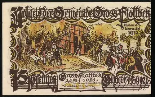 Notgeld Gross-Flottbek 1921, 75 Pfennig, Farbige Darstellung von Kirche und historischen Gebäuden