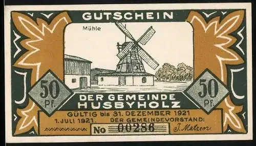 Notgeld Husbyholz, 1921, 50 Pfennig, Vorderseite mit Mühle, Rückseite mit Abstimmung der 2. Zone März 1920