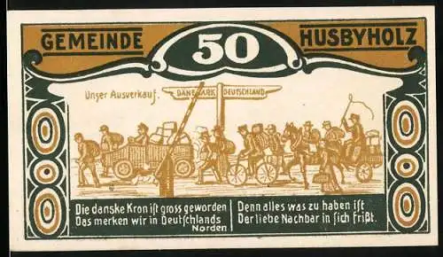 Notgeld Husbyholz, 1921, 50 Pfennig, Szene mit Menschen und Fahrzeugen, Landschaft mit Bäumen, gültig bis 31. Dezember