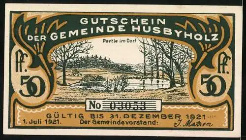 Notgeld Husbyholz, 1921, 50 Pfennig, Szene mit Menschen und Fahrzeugen, Landschaft mit Bäumen, gültig bis 31. Dezember