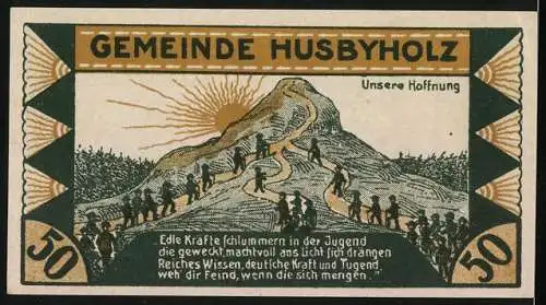 Notgeld Husbyholz, 1921, 50 Pf, Landschaft und Bergsteiger Motiv, Gültig bis 31. Dezember 1921