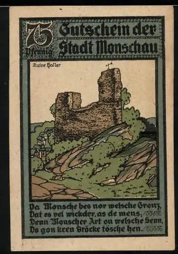 Notgeld Monschau 1921, 75 Pfennig, Ruine Haller, Gutschein der Stadt Monschau
