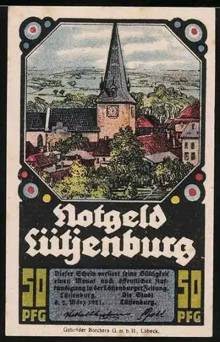 Notgeld Lütjenburg, 50 Pfg, Stadtansicht mit Kirche und Fachwerkhäusern, Druck Gebrüder Borchers G.m.b.H. Lübeck