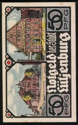 Notgeld Lütjenburg, 50 Pfg, Stadtansicht mit Kirche und Fachwerkhäusern, Druck Gebrüder Borchers G.m.b.H. Lübeck