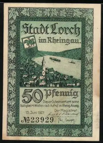 Notgeld Lorch 1921, 50 Pfennig, Stadtansicht und Bergsturz am Rhein