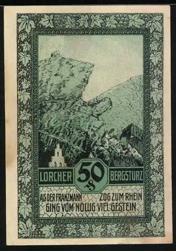 Notgeld Lorch 1921, 50 Pfennig, Stadtansicht und Bergsturz am Rhein