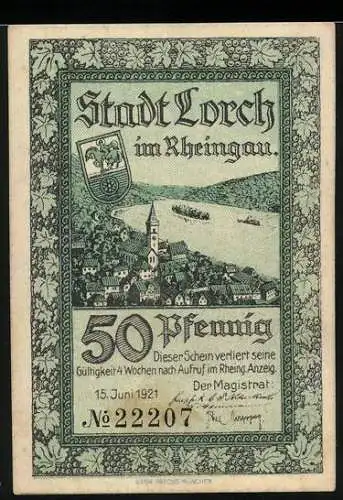 Notgeld Lorch 1921, 50 Pfennig, Stadtansicht und Lorch Bergsturz Illustration