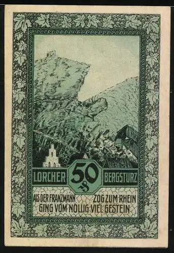 Notgeld Lorch 1921, 50 Pfennig, Stadtansicht und Lorch Bergsturz Illustration