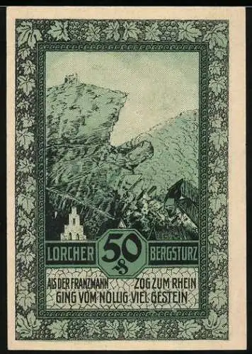 Notgeld Lorch, 1921, 50 Pfennig, Bergsturz am Rhein und Stadtansicht