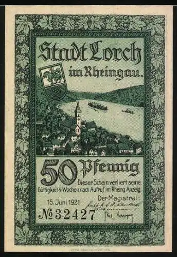 Notgeld Lorch, 1921, 50 Pfennig, Bergsturz am Rhein und Stadtansicht
