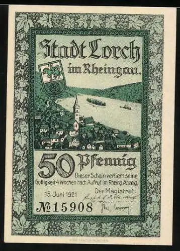 Notgeld Lorch 1921, 50 Pfennig, Stadtansicht und Bergsturz, Seriennummer 15908