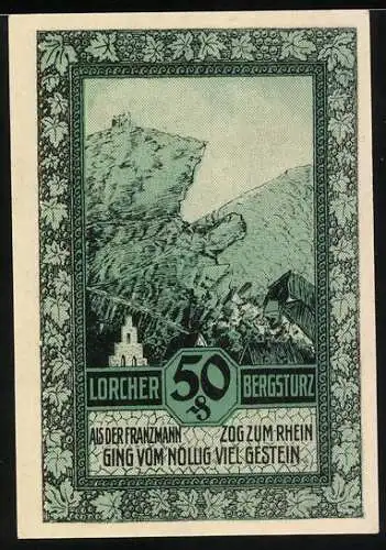 Notgeld Lorch 1921, 50 Pfennig, Stadtansicht und Bergsturz, Seriennummer 15908