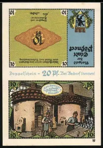 Notgeld Pössneck 1920, 2x10 Pfennig, Doppelschein mit Stadtwappen und Arbeiter in Schmelzhütte