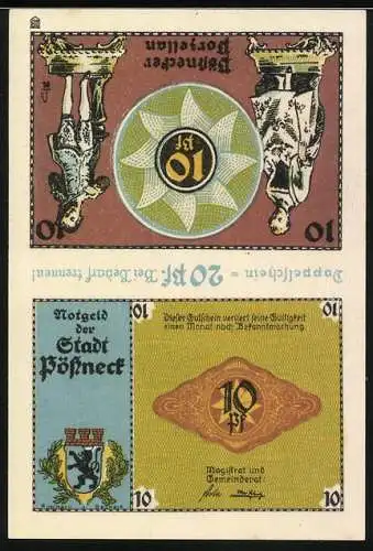 Notgeld Pössneck 1920, 2x10 Pfennig, Doppelschein mit Stadtwappen und Arbeiter in Schmelzhütte