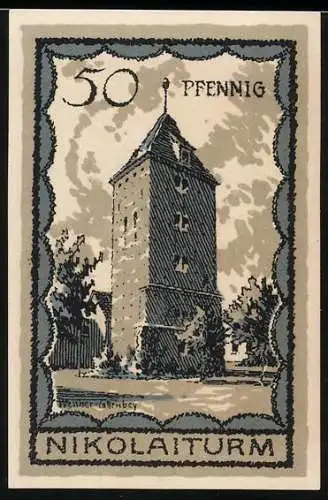 Notgeld Neustettin, 1921, 50 Pfennig, Abbildung des Nikolaiturms und Wappen der Stadt