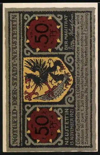 Notgeld Neustettin, 1921, 50 Pfennig, Abbildung des Nikolaiturms und Wappen der Stadt