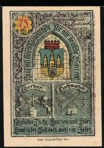 Notgeld Neustadt an der Orla 1921, 75 Pfennig, Stadtwappen und historische Gebäude