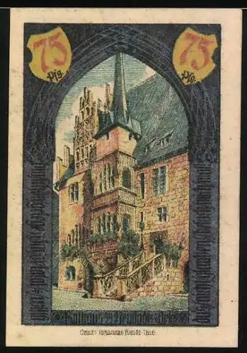 Notgeld Neustadt an der Orla 1921, 75 Pfennig, Stadtwappen und historische Gebäude