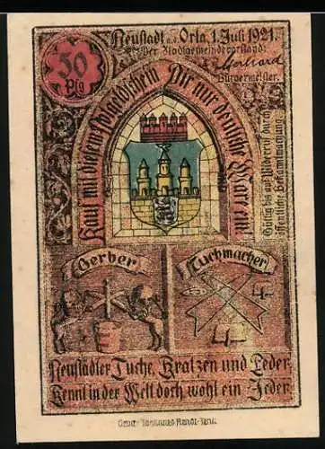Notgeld Neustadt an der Orla, 1921, 50 Pfennig, Wappen und Gebäudeabbildung, Tuchmacher- und Gerberhandwerk
