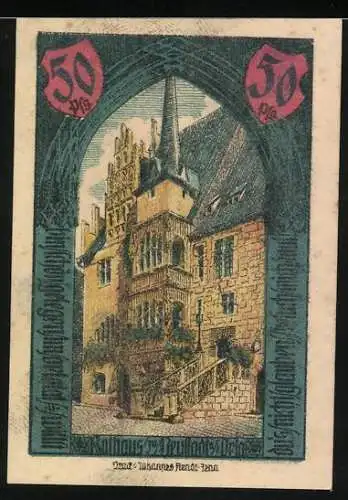 Notgeld Neustadt an der Orla, 1921, 50 Pfennig, Wappen und Gebäudeabbildung, Tuchmacher- und Gerberhandwerk