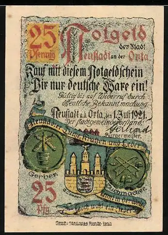 Notgeld Neustadt an der Orla, 1921, 25 Pfennig, Stadtgebäude und Wappen, Aufruf zum Kauf deutscher Ware