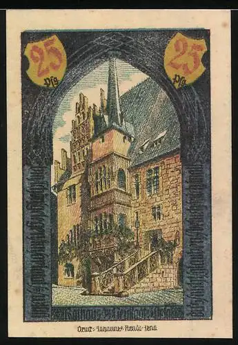 Notgeld Neustadt an der Orla, 1921, 25 Pfennig, Stadtgebäude und Wappen, Aufruf zum Kauf deutscher Ware